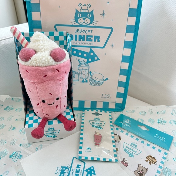 NWT Jellycat diner FAO Schwarz exclusive Pink Bubbeca milkshake w/tote, stickers - Picture 3 of 4